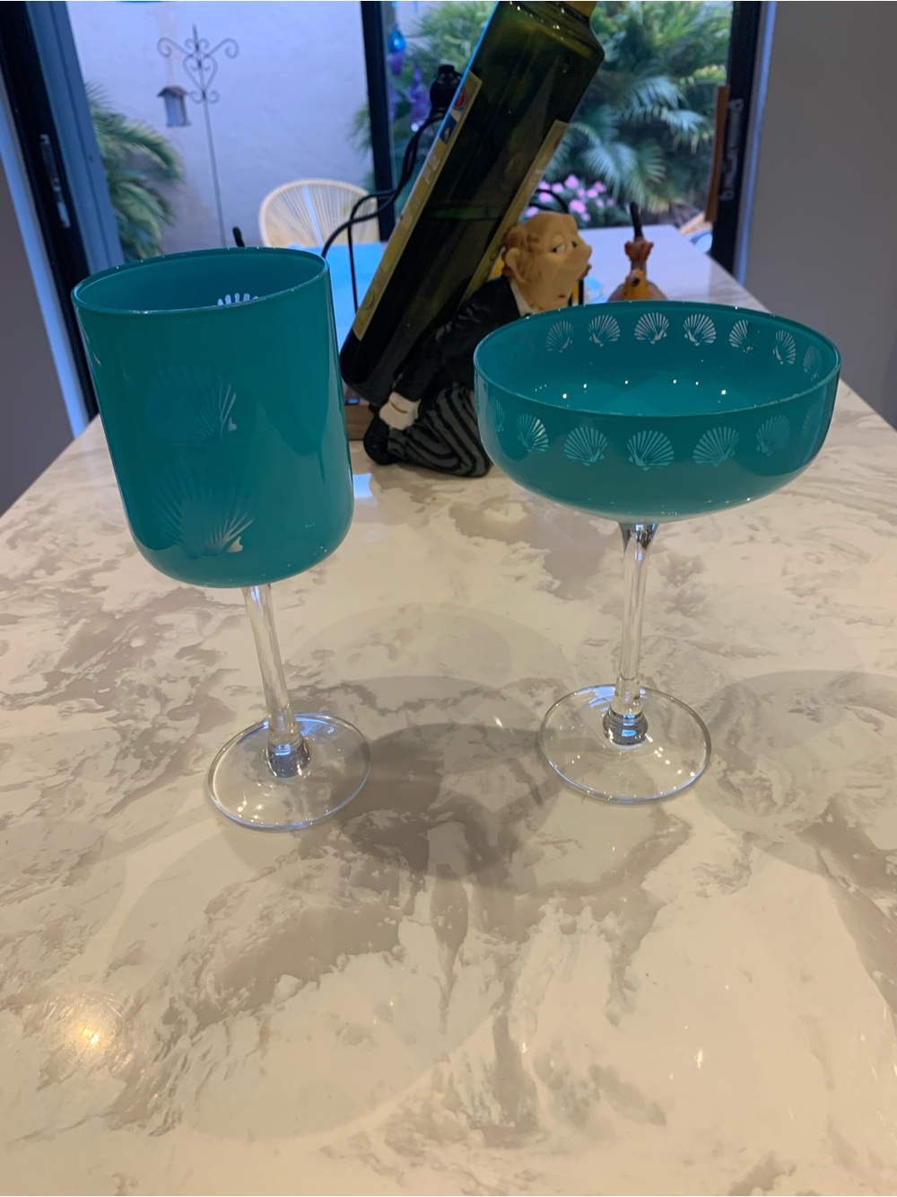 Teal Etched Shell Wine & Coupe Glasses Tiffany Blue, Roscher &Co
